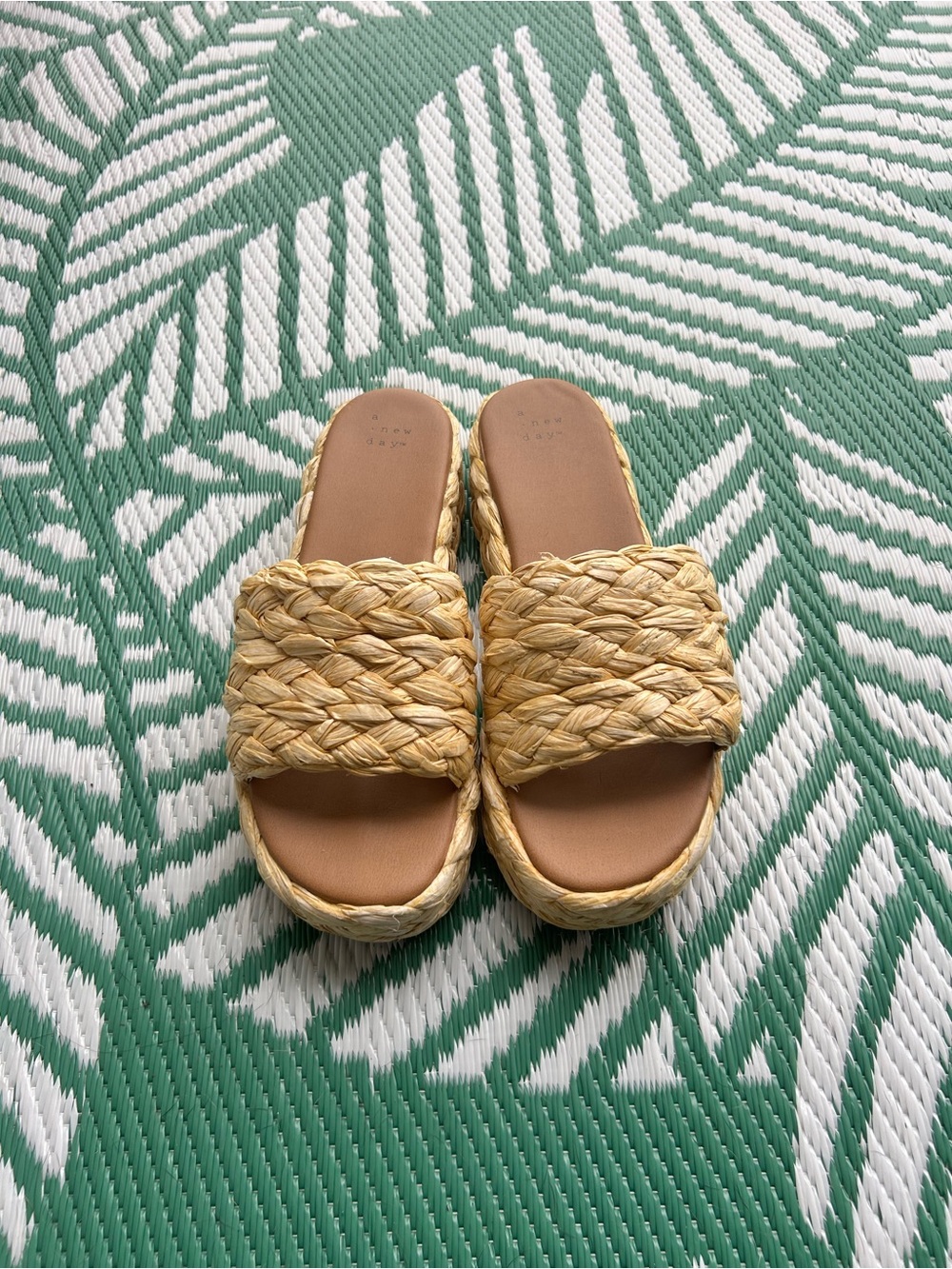 Woven Straw Slide Sandals in Natural - Women's Casual Slip-Ons